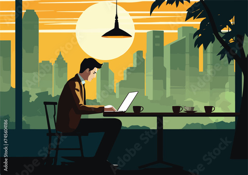 Businessman working on laptop in the city at sunset Vector illustration