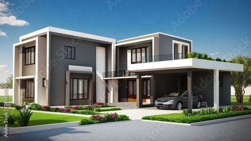 Modern home with a home, 3d house model of white and grey modern minimal background. Real estate concept.