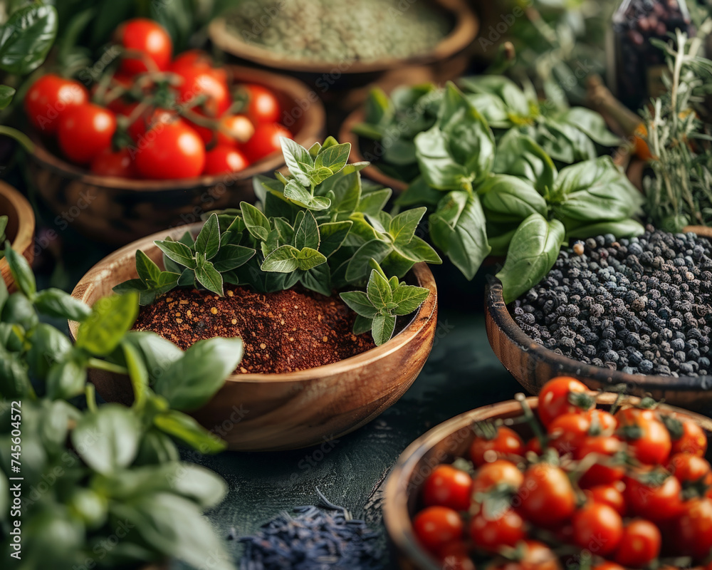 Fototapeta premium Aromatic herbs and a spice array in close up enhancing the flavors of a gourmet dish showcasing the meticulous culinary art of cooking