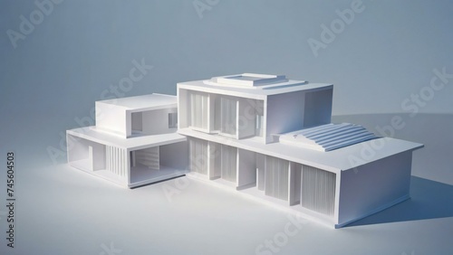 3d render of a modern building with sky, Cozy 3D rendering of a small house with a white picket fence. Concept for real estate or property. photo