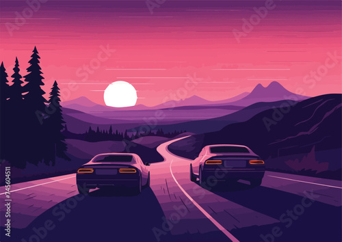 Two cars on the road in the mountains at sunset Vector illustration