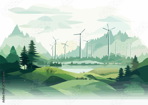 Landscape with wind turbines and mountains Vector illustration in a flat style