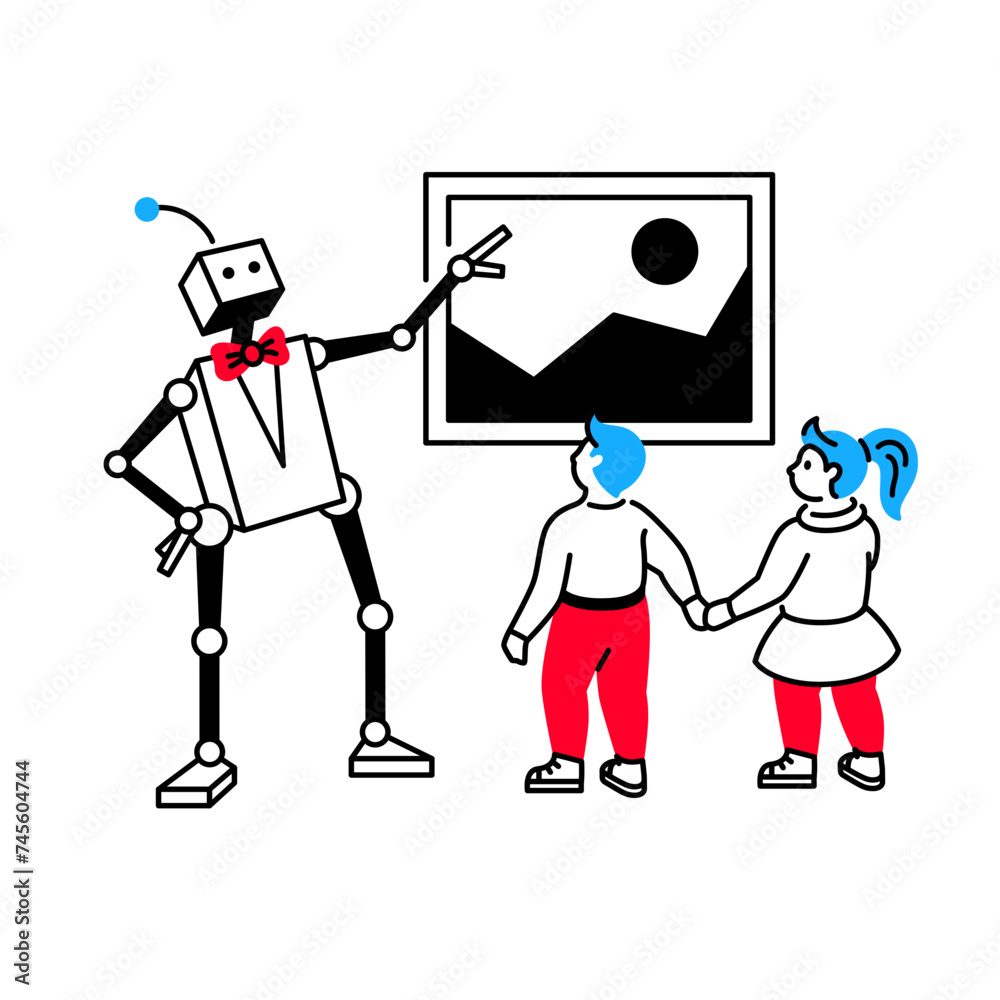 Tour-guide robot showing kids around art gallery Tour-guide robot showing kids around art gallery