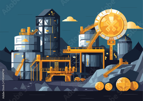 Coal mining and processing plant Vector illustration in flat style