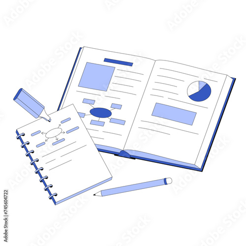 Textbook, notepad and pencil