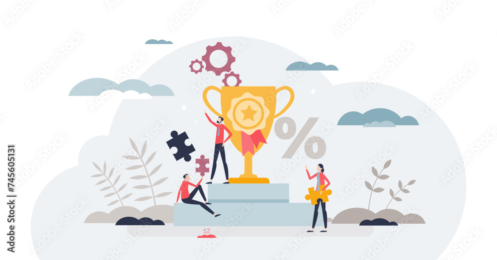 Gamification method for motivation and fun process tiny person concept, transparent background. Bonus prize, trophy or award for challenge winner illustration. Employee or customer engagement.