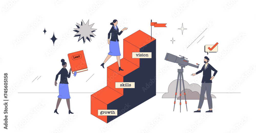 Fototapeta premium Leadership development and personal skill growth retro tiny person concept, transparent background. Career progress with growth and clear vision to aim higher illustration.