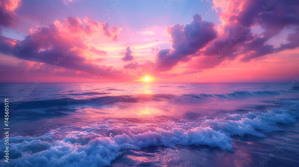 dramatic sunset over the ocean, the sky ablaze with colors as the sun dips below the horizon, a moment of awe and wonder at nature's masterpiece - obrazy, fototapety, plakaty 