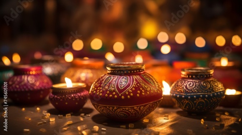 Diwali celebration, festive diwali clay lamps.