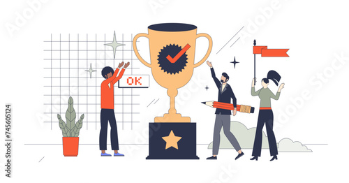 Employee recognition and motivational bonuses retro tiny person concept, transparent background. Successful business reward or victory after staff challenges illustration.