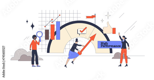 Employee performance management for effective work retro tiny person concept, transparent background. Productive strategy for staff motivation and get best results illustration.