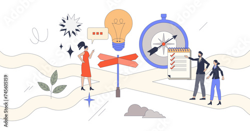 Decision making and difficult choice from different options retro tiny person concept, transparent background. Dilemma and various directions for career or future illustration.