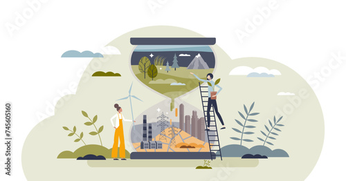 Environmental change as hourglass with urbanization scene tiny person concept, transparent background. Natural ecosystem reduction and deforestation problem illustration.