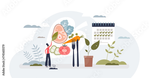 Organic meal plans with healthy eating menu planning tiny person concept, transparent background. Dieting management with scheduled food preparation using fresh.