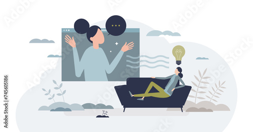 Mental health counseling and online psychology session tiny person concept, transparent background.Professional psychological support with remote treatment consultations illustration.
