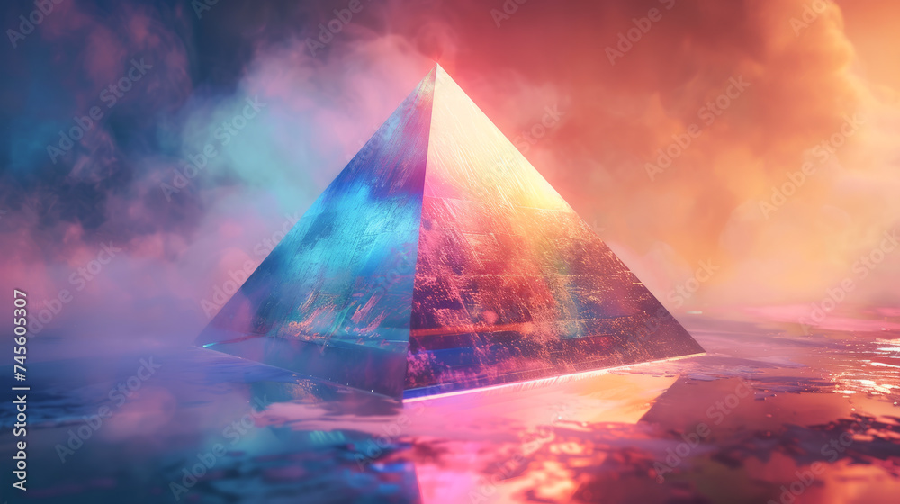 Envision an iridescent shimmer cascading across a surreal pyramid