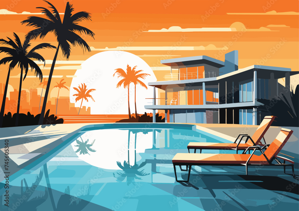 Vector illustration of swimming pool in hotel with palm trees and sun at sunset
