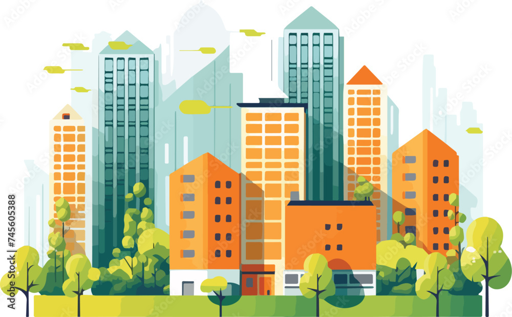 City landscape with skyscrapers and green trees Vector illustration