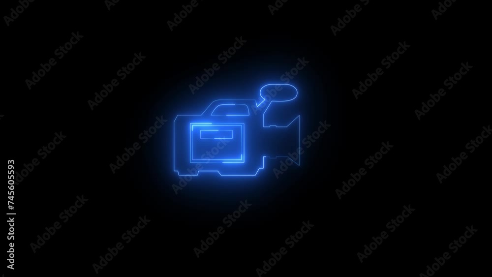 Neon glowing blue video camera icon animation in black background Neon glowing blue video camera icon animation in black background