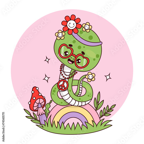 Cute retro groovy snake girl hippy character. Comic reptile animal kawaii on rainbow. Cool vector illustration in trendy 70s style.