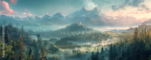 Ethereal landscapes ancient structures surrounded by enchanted forests under a panoramic galaxy sky photo