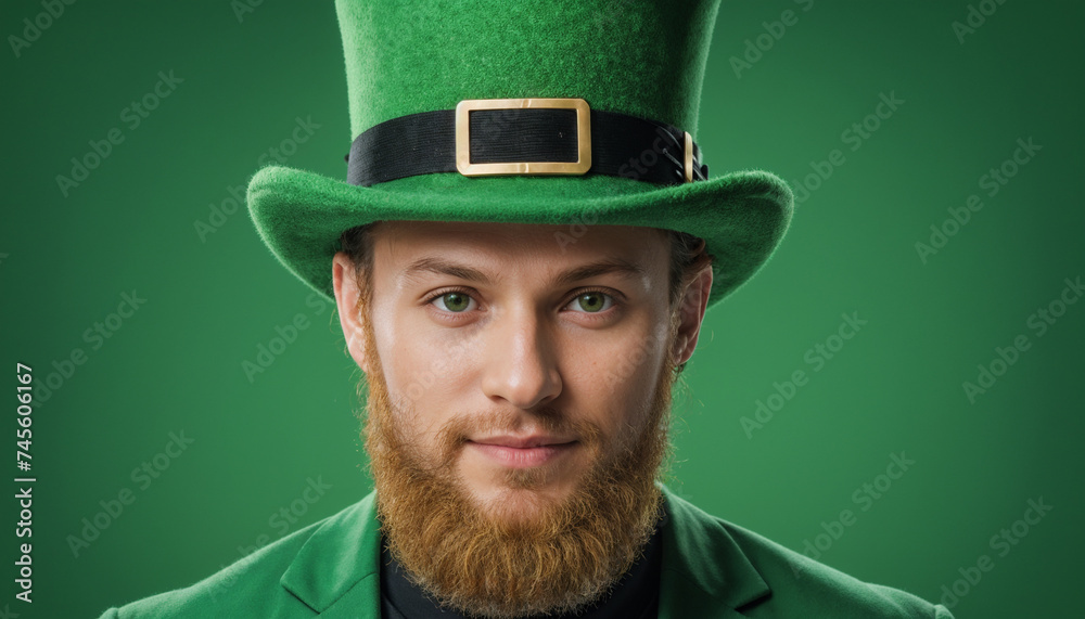 A man leprechaun wearing a green hat, on a green background with a shamrock. St. Patrick's Day celebrations background with copy space A man leprechaun wearing a green hat, on a green background with a shamrock. St. Patrick's Day celebrations background with copy space