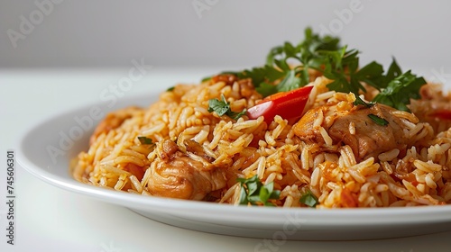 A Plate of Chicken Rice on White Background 8K