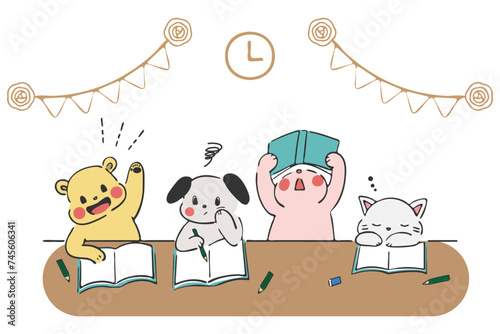 勉強をしている動物たち