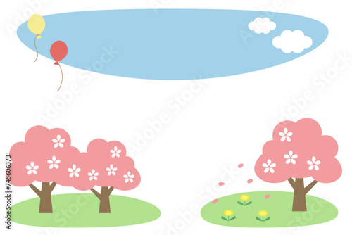 風船が飛ぶ青空と桜の木