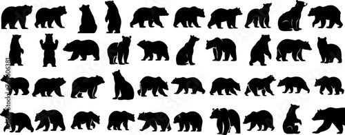 Bear silhouette  various poses of bear  standing  walking  sitting  wildlife  nature  animal  black  outline  wild  mammal  grizzly bear collection