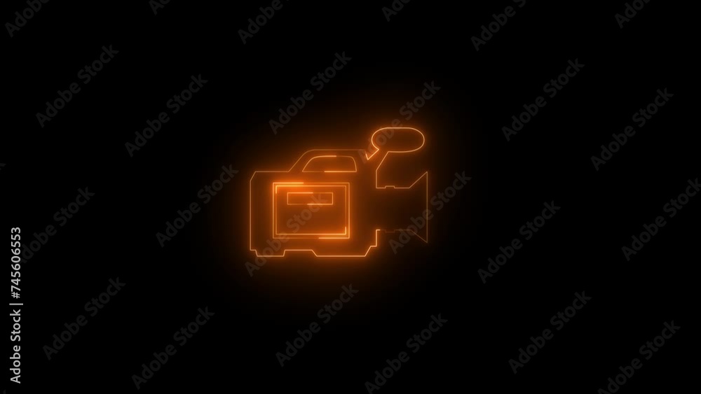Neon glowing brown video camera icon animation in black background Neon glowing brown video camera icon animation in black background