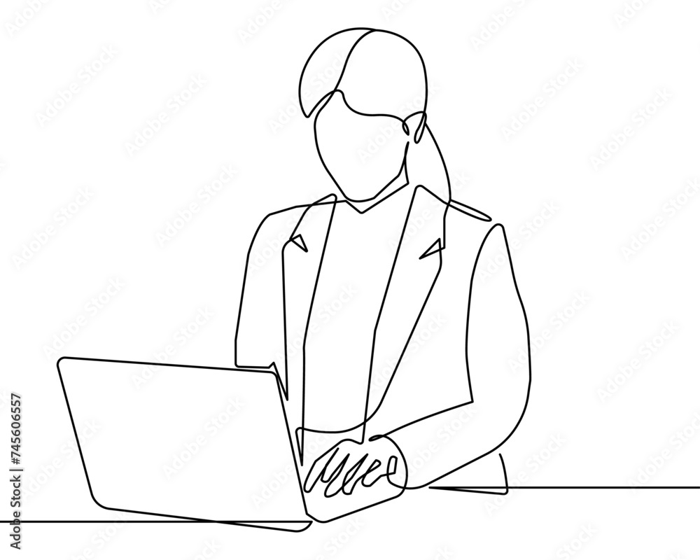 Businesswoman Continuous One Line Drawing. Woman Silhouette and Laptop Black Sketch Isolated on White Background. Female Portrait Abstract Minimal Art. Vector EPS 10