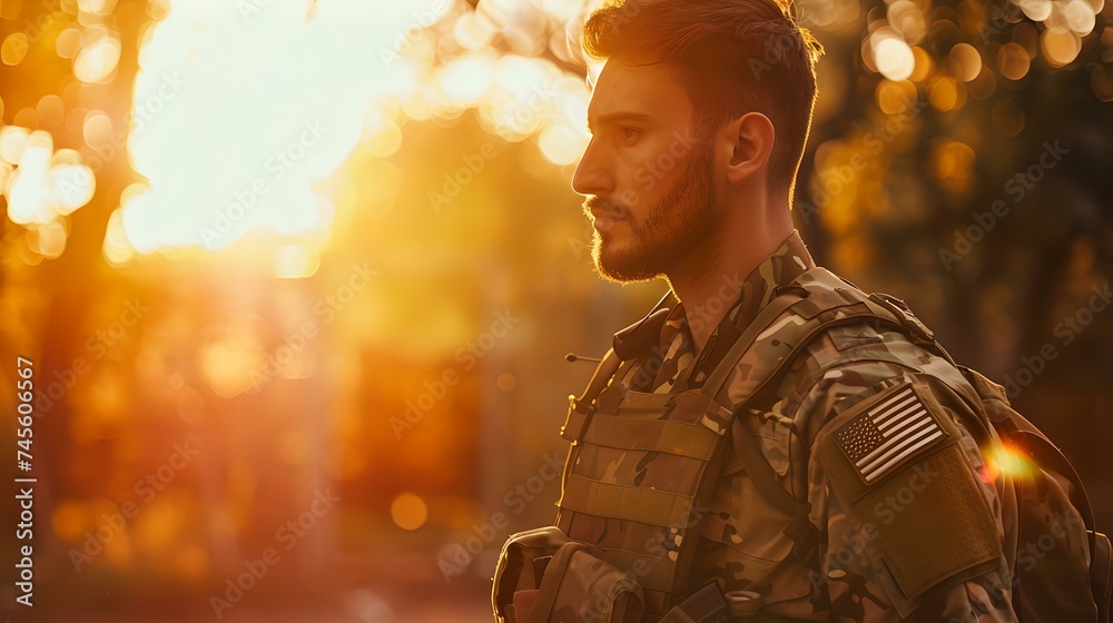 Serene soldier in uniform at sunset, reflective mood captured. military service, honor, and duty. pride and patriotism in evening light. AI - obrazy, fototapety, plakaty 