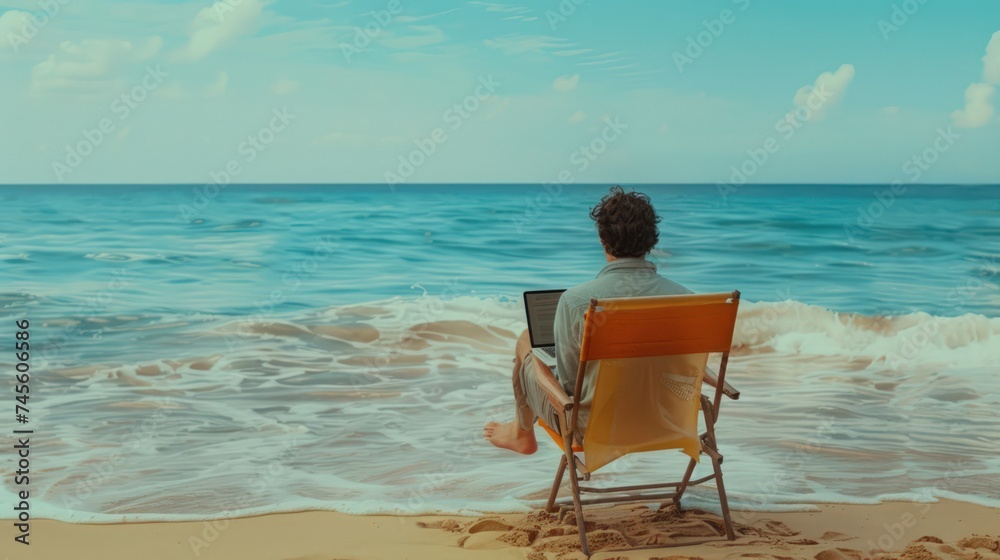 Remote work concept with person using laptop on beach chair by the ocean