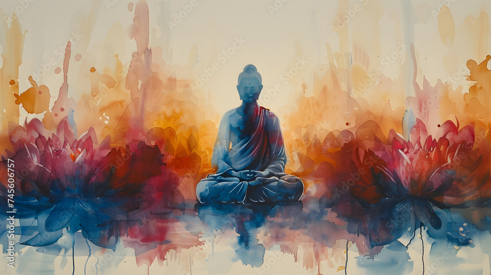 Watercolor Illustration of Buddha and lotus, Vesak Day