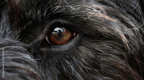 close-up of a dog's face focusing on its eye, with the fur and a glimpse of the snout visible