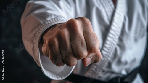 Focused close-up of a martial artist's fist in a white karate with a black belt, karate training concept.