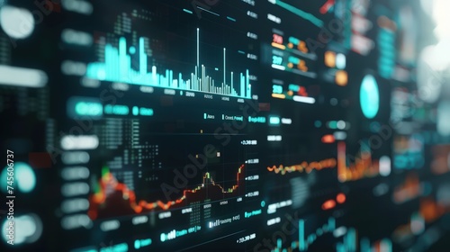 Dynamic financial data display on monitors. Concept for real-time stock trading, market analytics, and investment strategies.