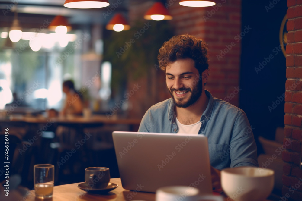 Young Smiling Hipster Freelancer Working in a Cafe Restaurant