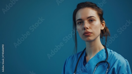 A poised young woman in blue medical scrubs exudes confidence, her stethoscope draped around her neck.