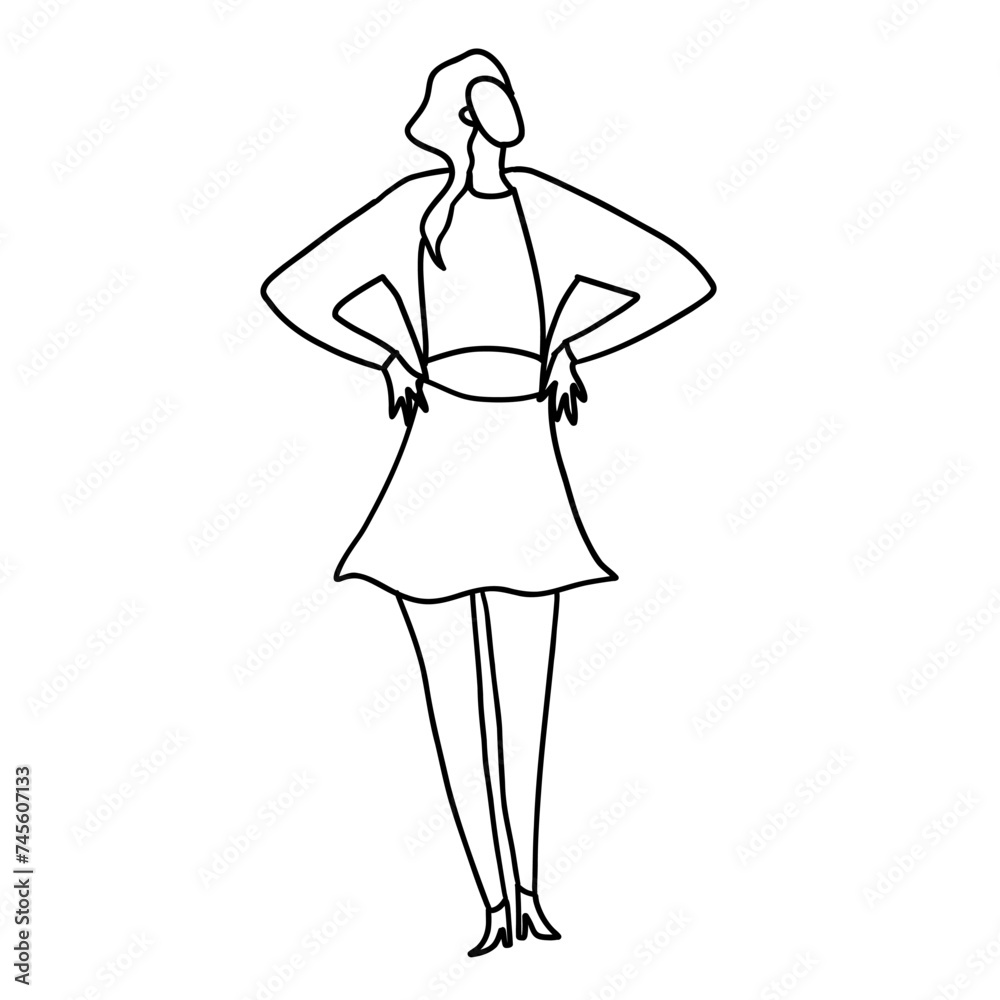 Stylish, trendy and minimalistic fashion girl. Vector illustration in hand drawn outline doodle simple contour style isolated on white background. For presentation, wrapping, cover art.