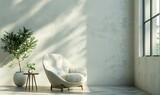 A living room bathed in soft, natural light, featuring an armchair as symbolizing serene modernity in minimalist design