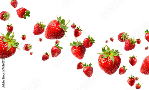 Strawberries flying in air, Healthy organic berry natural ingredients concept, Empty space in studio shot, AI generated, PNG transparency with shadow
