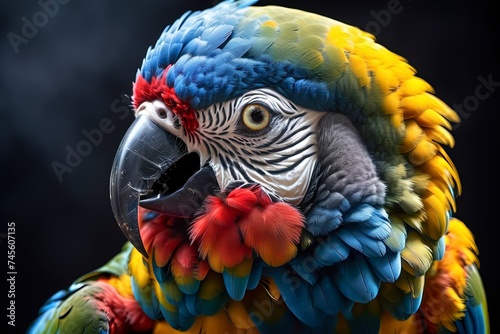portrait of a blue red and yellow macaw