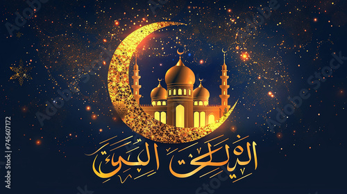 luxury Islamic banner, template, invitation, background with moon, mosque dome and lanterns.