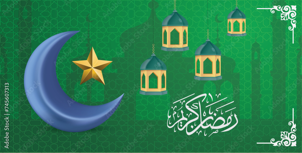 Fototapeta premium Ramadan kareem greeting green background with 3d lantern and crescent moon design template illustration.ramadan calligraphy