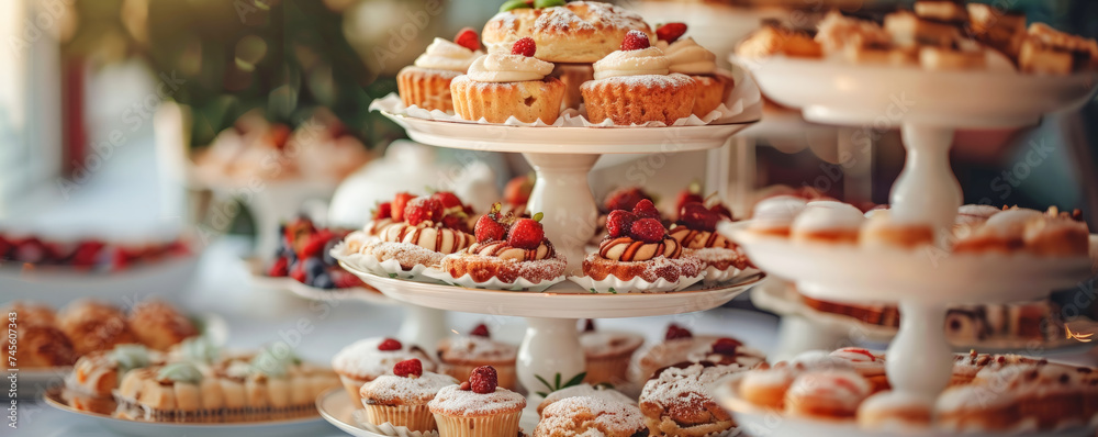 Sophisticated high tea scene featuring sumptuous pastries and an exquisite tea selection with attendees in elegant attire celebrating a special occasion in a luxurious manner