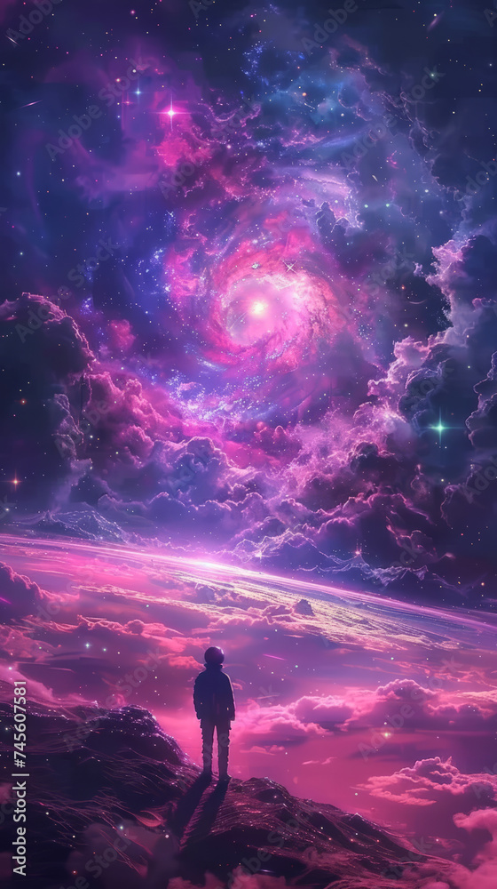 A lone figure stands against a mesmerizing backdrop, gazing at a swirling galaxy amidst clouds illuminated by cosmic light
