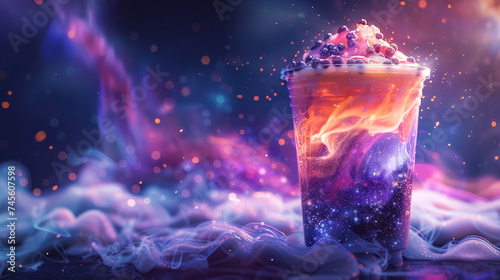 Surrealistic digital painting of milk tea merging into a galaxy stars forming the boba pearls in a universe where beverages connect worlds photo