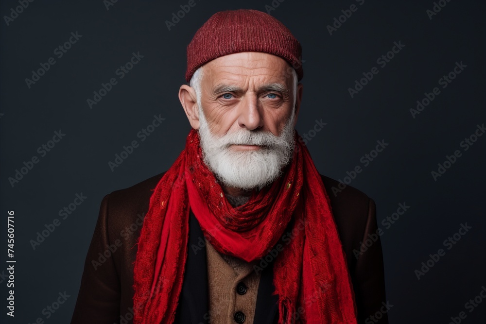Portrait of an old man with a white beard and a red scarf. Portrait of an old man with a white beard and a red scarf.